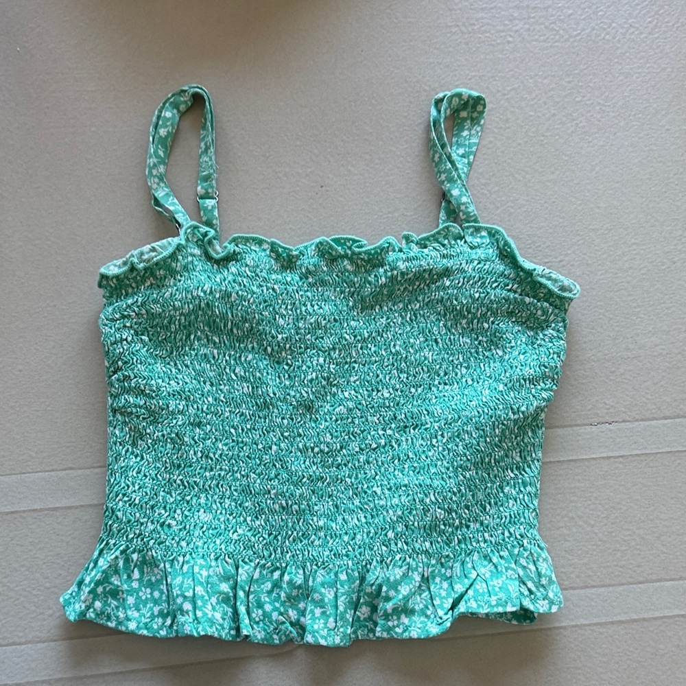 Hollister Juniors Smocked Floral Ruffle Cami Top in Mint Green